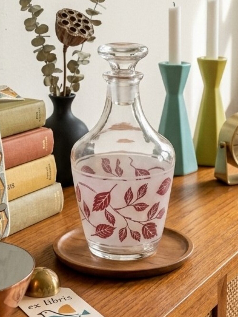 Clear Glass Decanter with Red Leaf Motif